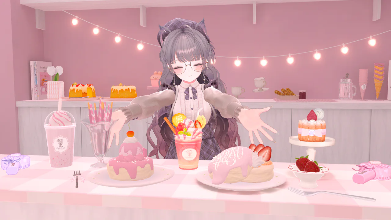 ピンク色のカフェでスイーツに囲まれて両手を広げるアバター